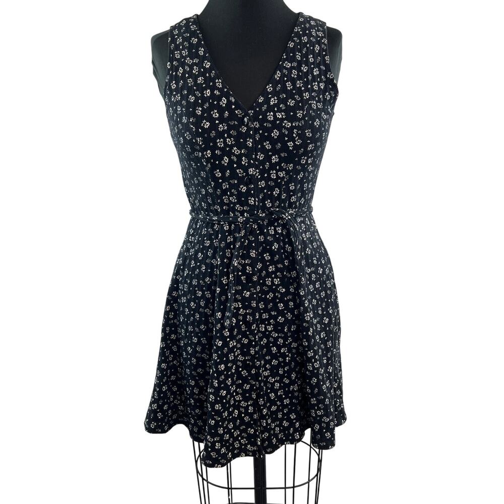 Vintage CHABLIS Black White Tank Dress Floral Prairie Waist Tie Button Front S?